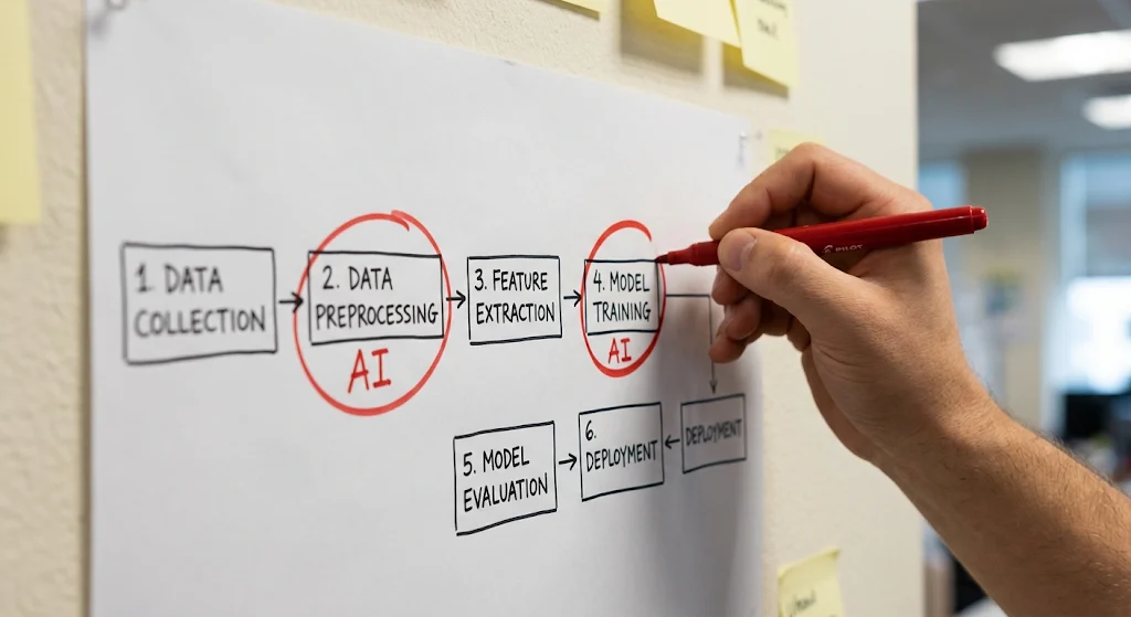 A workflow map with two steps circled in red as AI opportunities