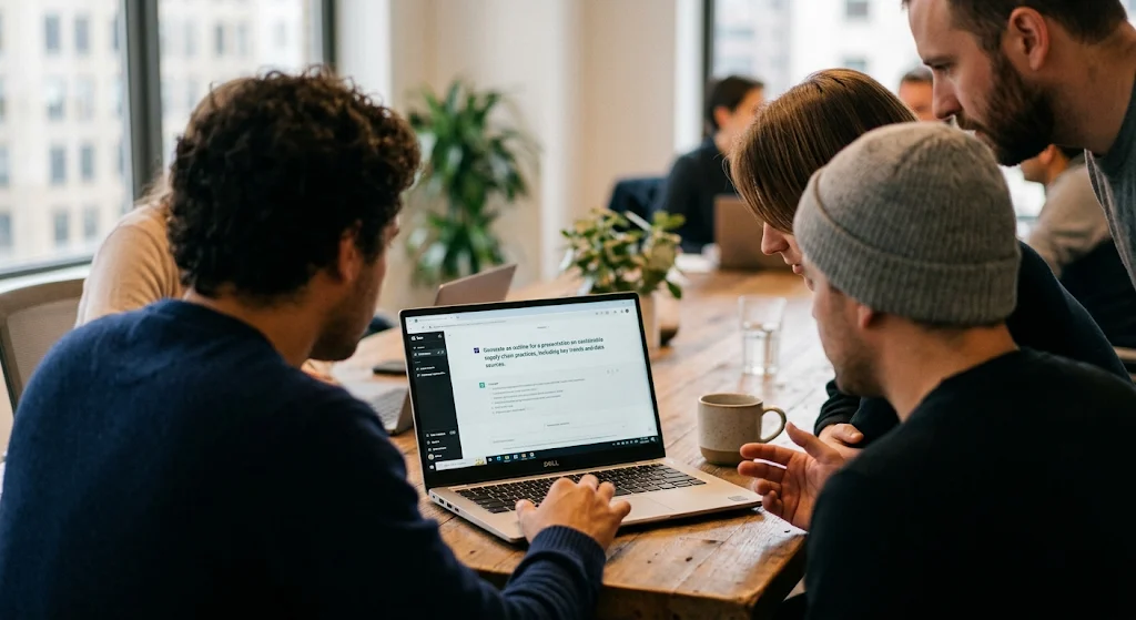 A small team working through an AI tool together on a laptop