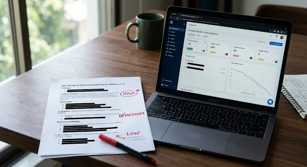 A printed app review report with findings marked high, medium and low beside a laptop