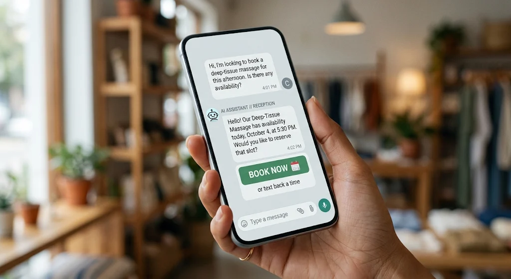 A phone showing a business chat assistant offering a booking