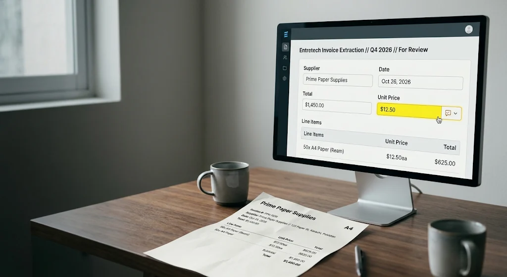 An invoice beside a screen showing its details extracted for review