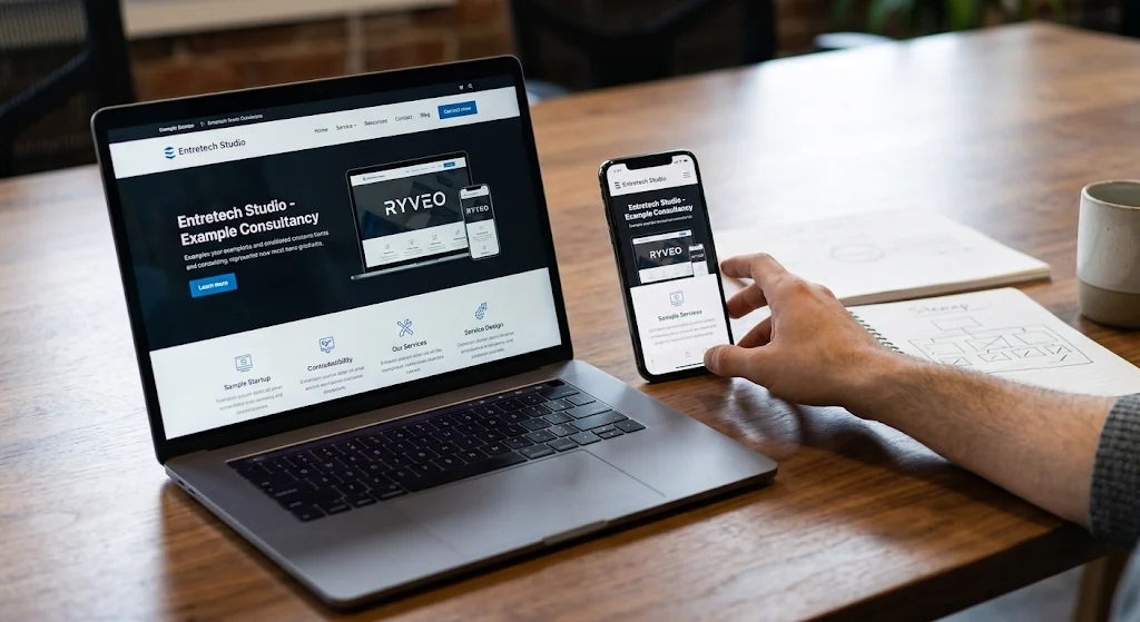 A small-business website shown on a laptop and a phone