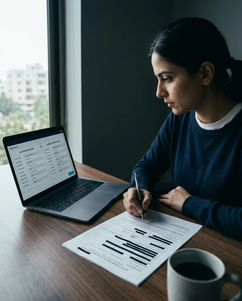 A staff member checking AI-extracted details against the original form