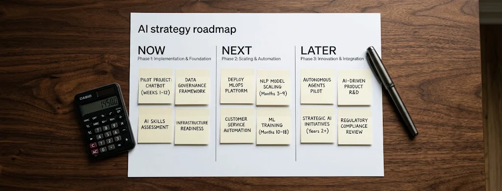A printed AI roadmap grouped into now, next and later