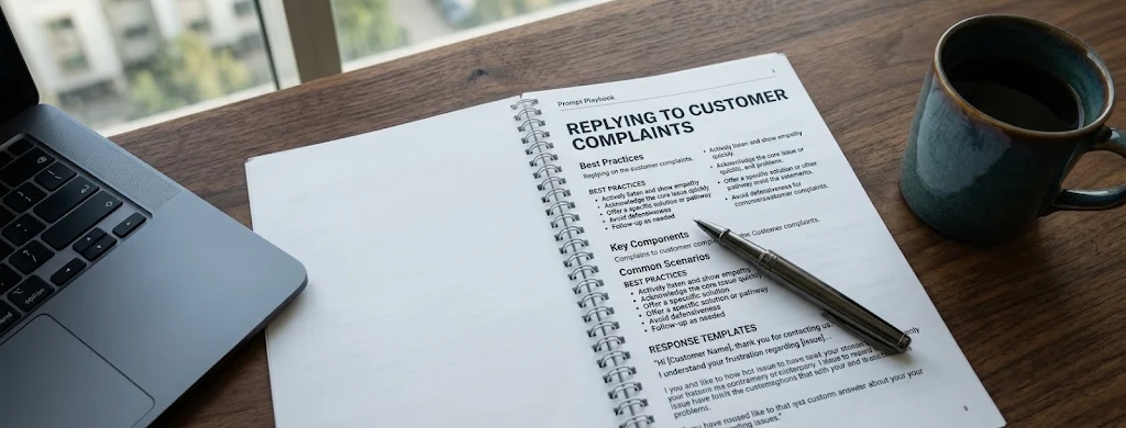 A printed prompt playbook open to a page on replying to customer complaints