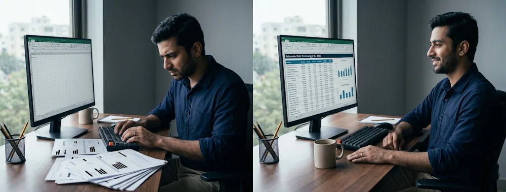 The same data-entry task before and after automation