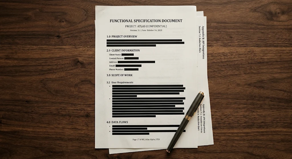 Functional specification page with client details redacted, a pen resting on the page