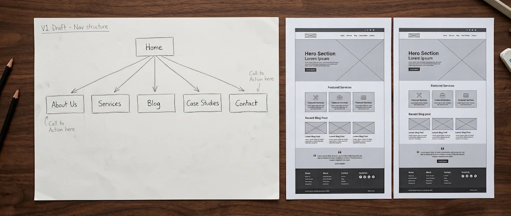 A hand-drawn website sitemap beside two printed homepage wireframes