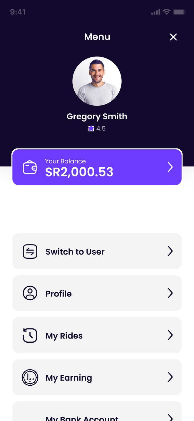 Driver menu with wallet balance