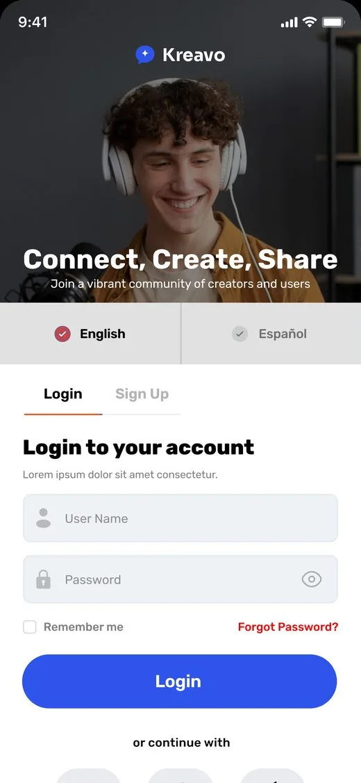 Kreavo Login screen