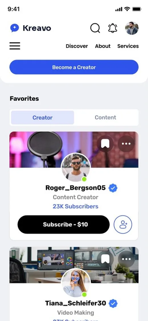 Kreavo Favorites - Creators screen