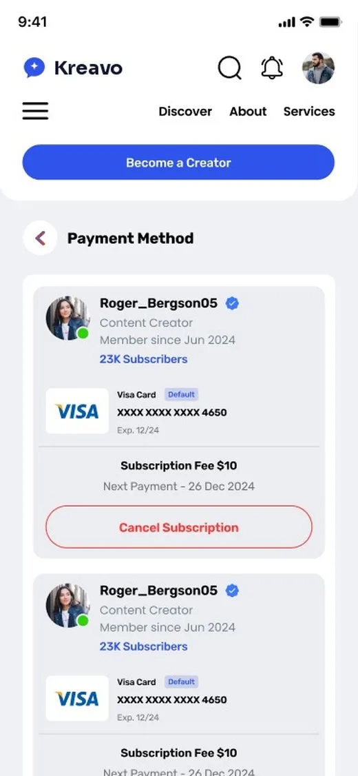 Kreavo Subscription screen