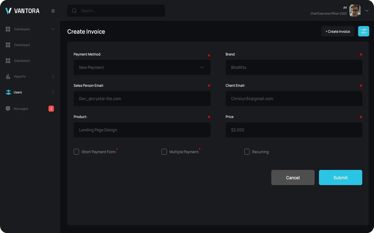 Vantora Close Create Invoice screen