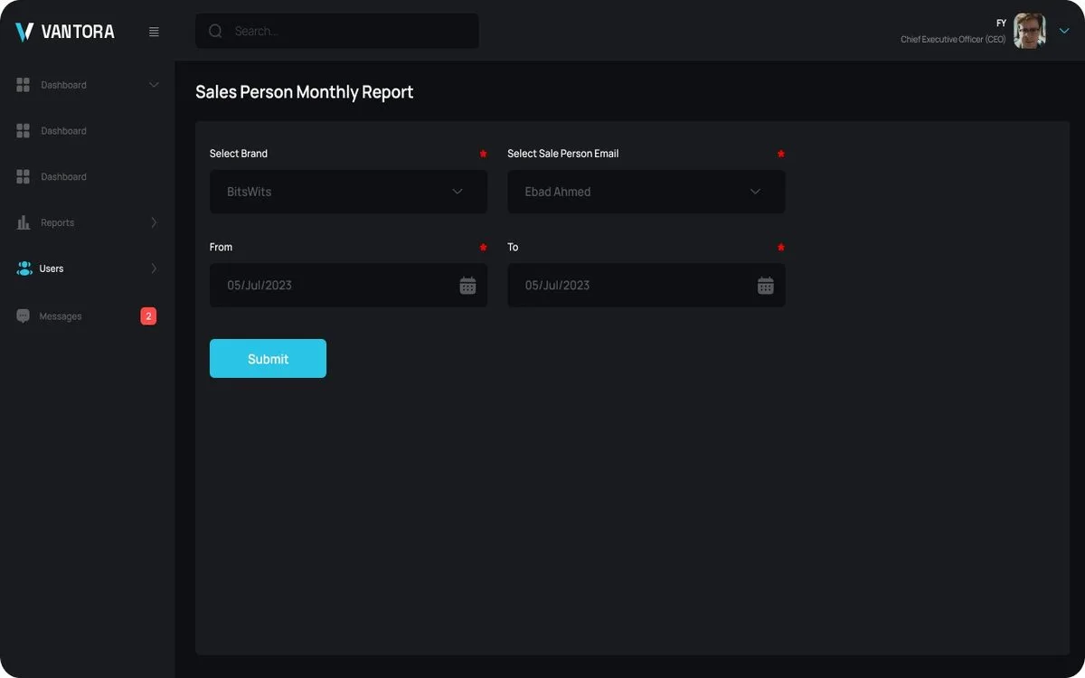 Vantora Close Sales Person Monthly Report screen