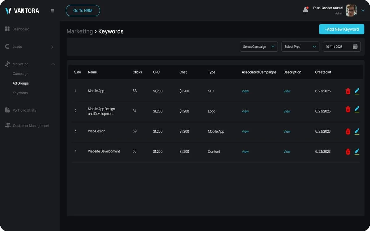 Vantora Close Keywords screen