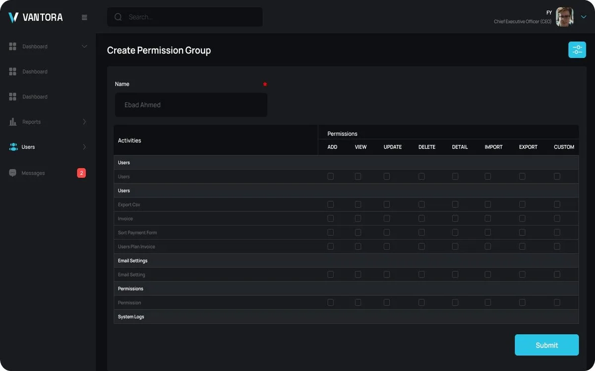 Vantora Close Create Permission Group screen