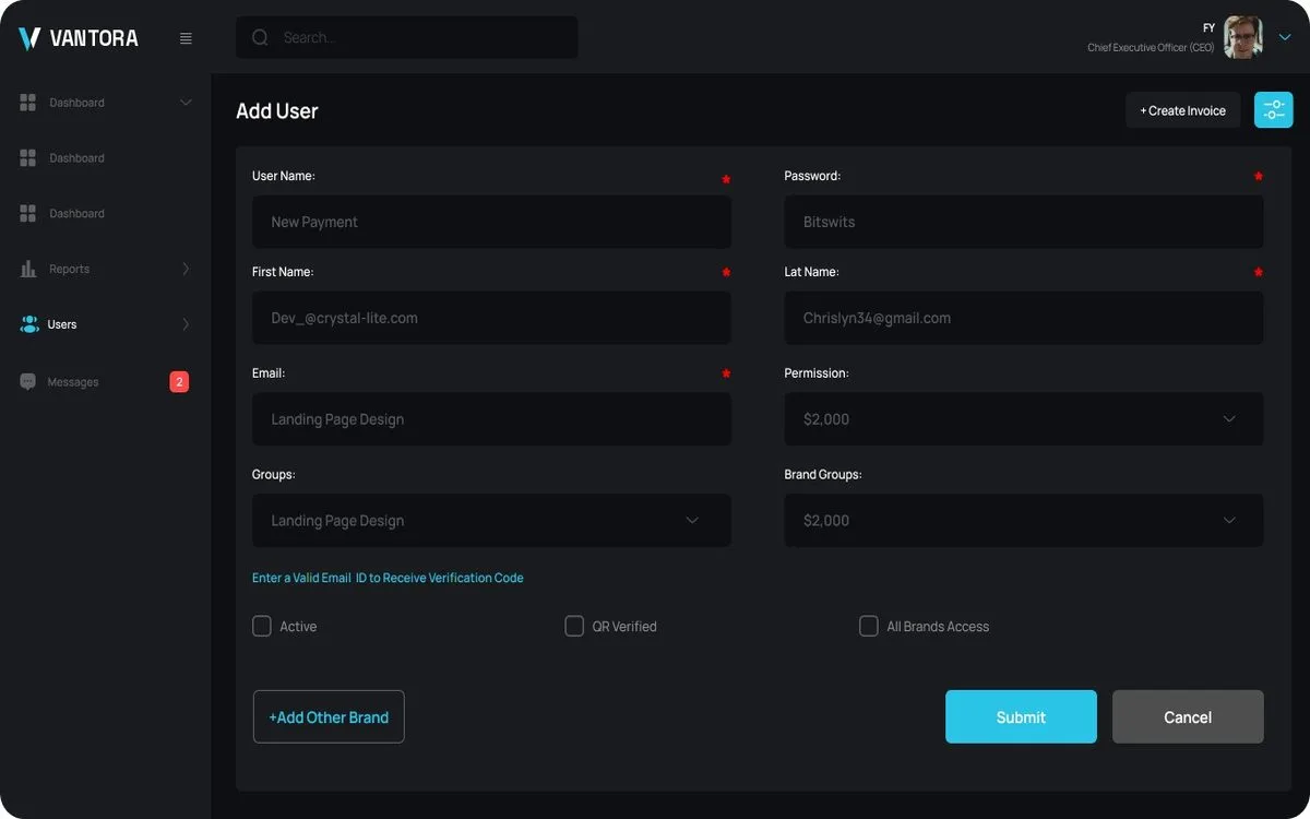 Vantora Close Create User screen