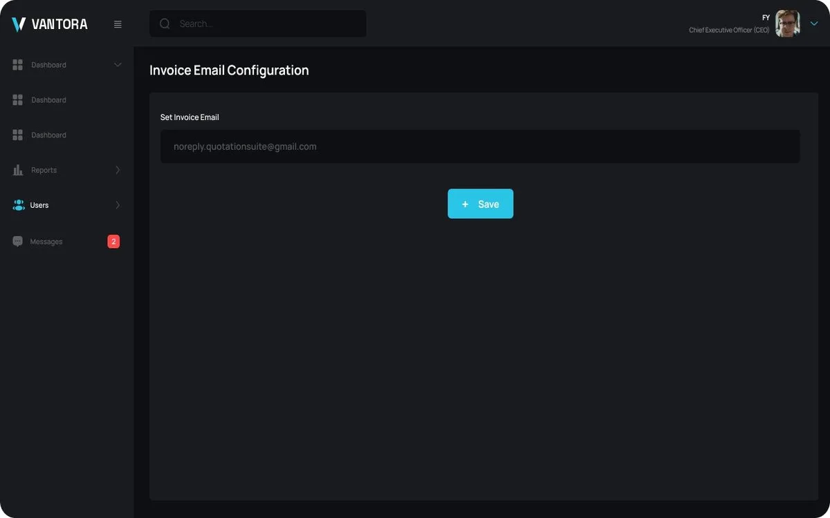 Vantora Close Invoice Email Configuration screen