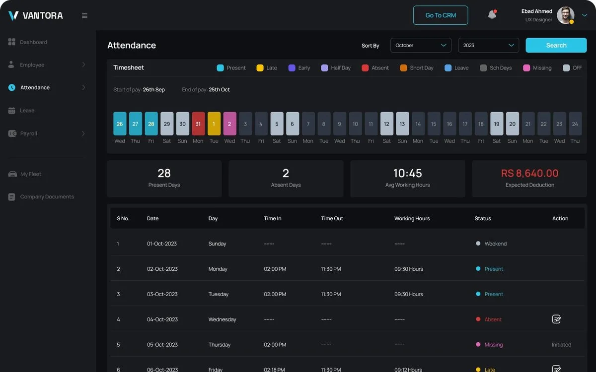 Vantora Crew Attendance screen