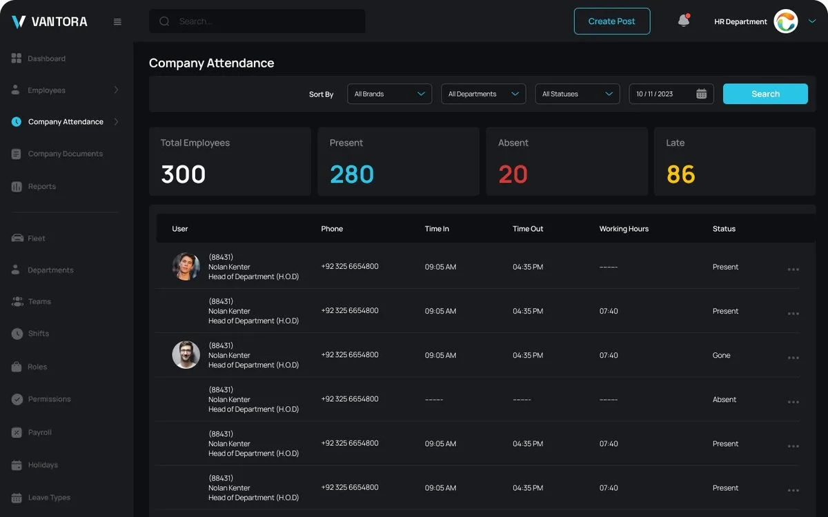 Vantora Crew Company Attendance screen
