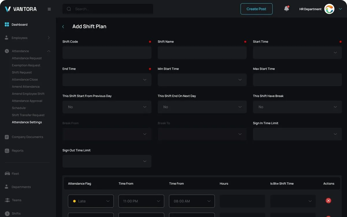 Vantora Crew Add Shift Plan screen