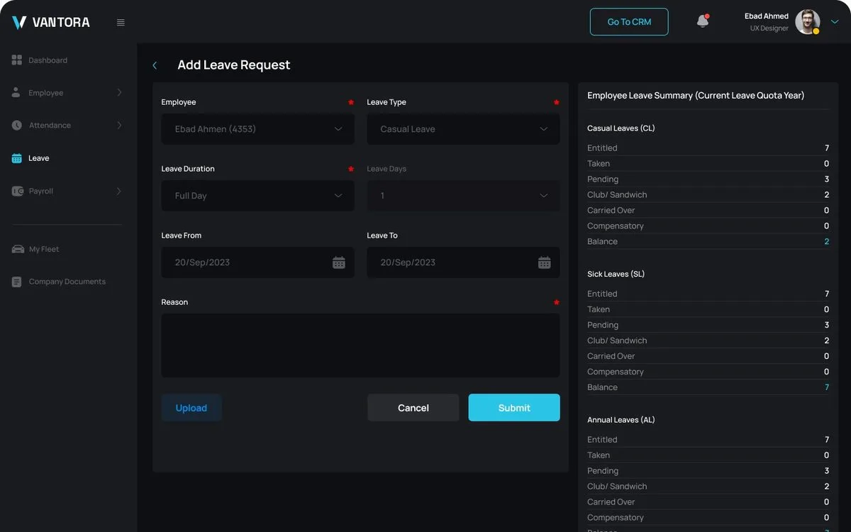 Vantora Crew Add Leave Request screen