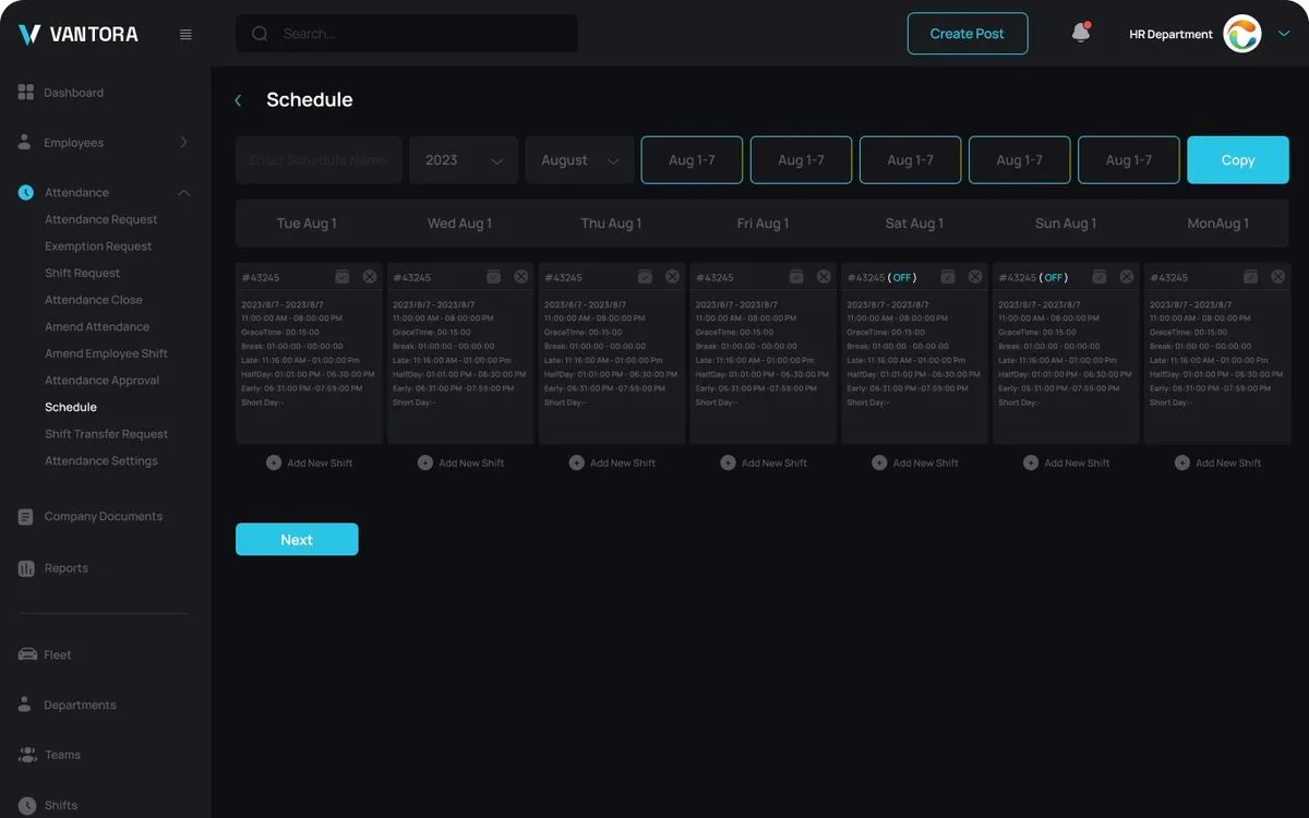 Vantora Crew Attendance Settings screen