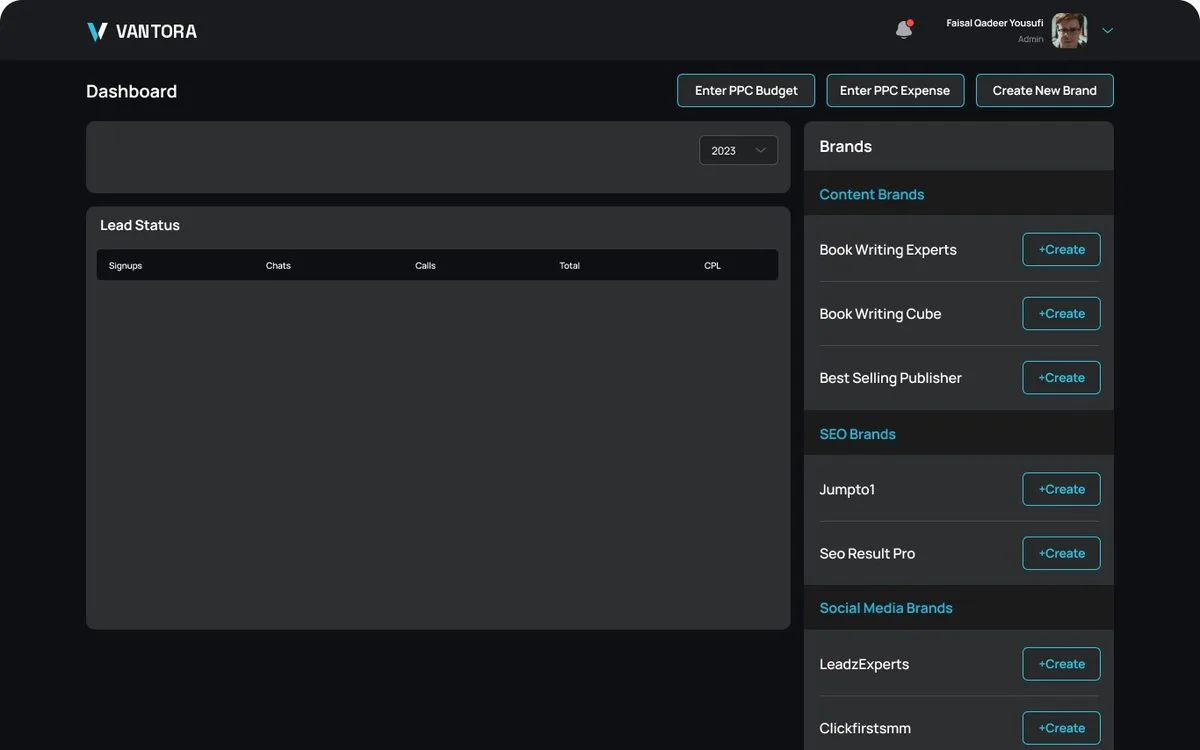 Vantora Source Create Lead screen