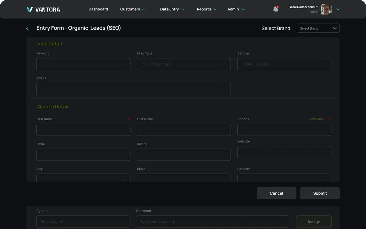 Vantora Source Entry Form - Organic  Leads screen